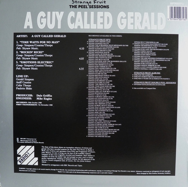 The Peel Sessions by A Guy Called Gerald - 12", UK. 1989. Electronic/Acid House, Techno Very Good (VG) Very Good Plus (VG+) - vinyl For Sale in Nottingham. - 2