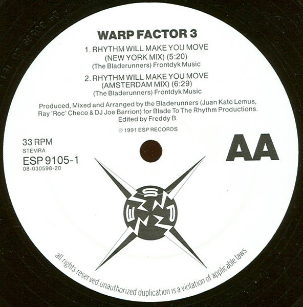 Jammin' Soul / Rhythm Will Make You Move by Warp Factor 3 - 12", Netherlands. 1991. Electronic/Techno, Deep House Very Good Plus (VG+) Generic - vinyl For Sale in Nottingham. - 4