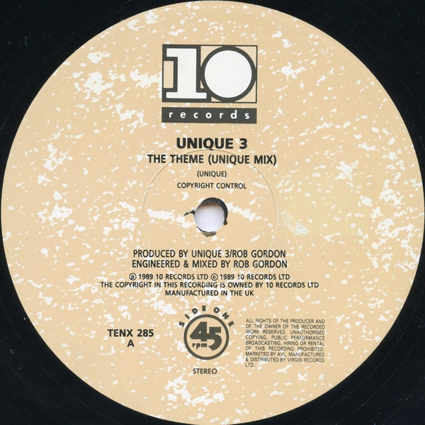 The Theme by Unique 3 - 12", Single, UK. 1989. Electronic/Techno, Electro, Bleep Very Good (VG) Very Good (VG) - vinyl For Sale in Nottingham. - 3