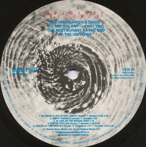 The Hitch-Hiker's Guide To The Galaxy Part Two: The Restaurant At The End Of The Universe by Douglas Adams - LP, Album, UK. 1980. Non-Music/Radioplay, Comedy Very Good (VG) Very Good (VG) - vinyl For Sale in Nottingham. - 4
