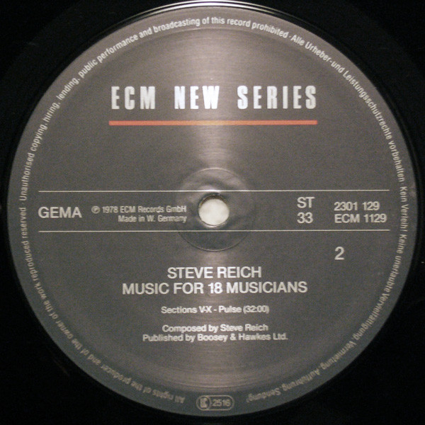 Music For 18 Musicians by Steve Reich - LP, Album, RE, RP, Germany. 0. Classical/Minimalism, Post-Modern, Contemporary Good (G) Generic - vinyl For Sale in Nottingham. - 3