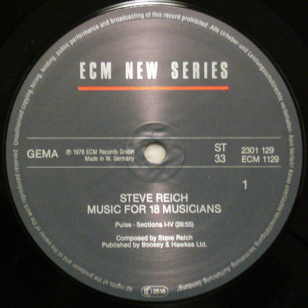 Music For 18 Musicians by Steve Reich - LP, Album, RE, RP, Germany. 0. Classical/Minimalism, Post-Modern, Contemporary Good (G) Generic - vinyl For Sale in Nottingham. - 4