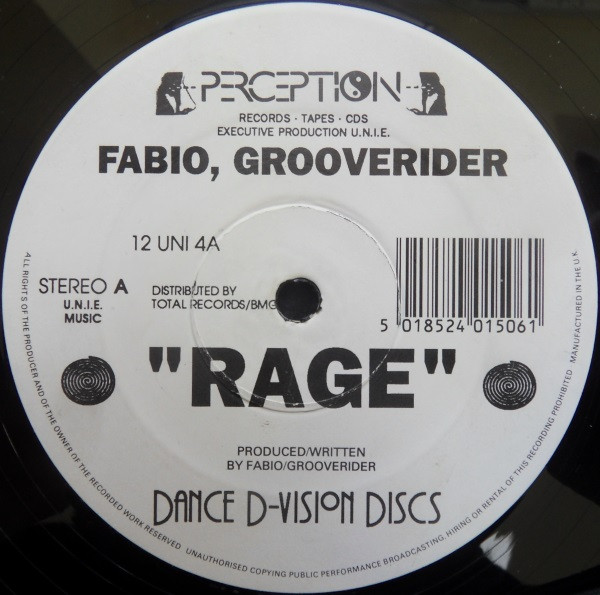 Rage by Fabio, Grooverider - 12", UK. 1990. Electronic/Techno, House Very Good (VG) Generic vinyl Nottingham.