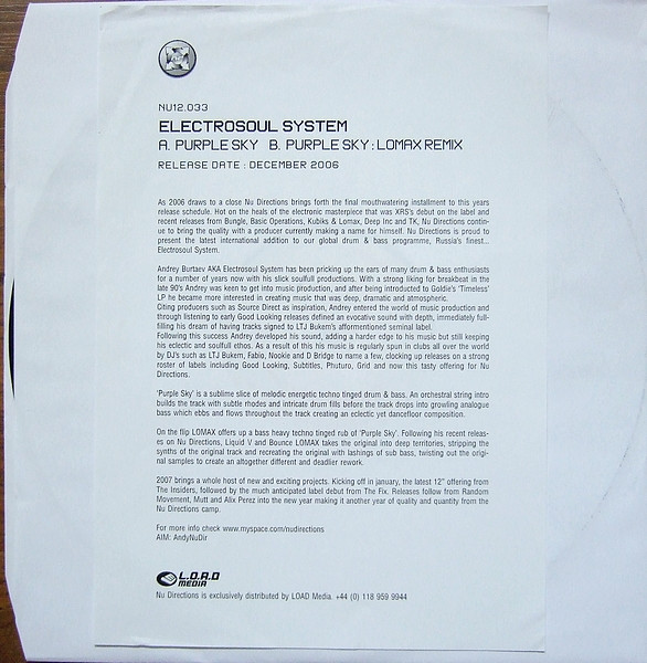 Purple Sky by Electrosoul System - 12", UK. 2006. Electronic/Drum n Bass Very Good Plus (VG+) Very Good Plus (VG+) vinyl Nottingham.