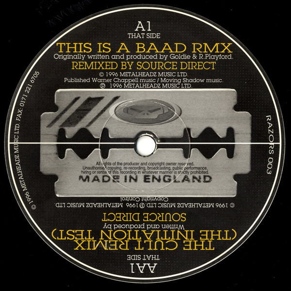 This Is A Baad / The Cult (Remixes) by Goldie / Source Direct - 12", UK. 1996. Electronic/Drum n Bass Near Mint (NM or M-) Very Good Plus (VG+) vinyl Nottingham.