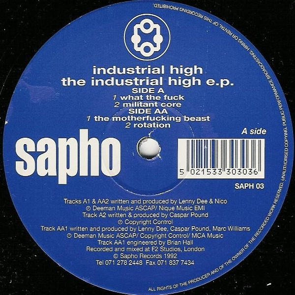 The Industrial High E.P. by Industrial High - 12", EP, UK. 1992. Electronic/Acid, Breakbeat, Hardcore, Techno Near Mint (NM or M-) Very Good Plus (VG+) vinyl Nottingham.