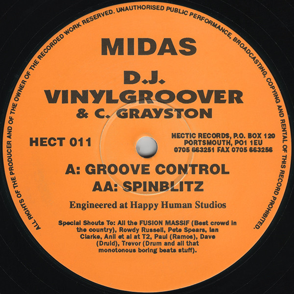 Groove Control / Spinblitz by Midas - 12", UK. 1995. Electronic/Breakbeat, Happy Hardcore Very Good Plus (VG+) Generic vinyl Nottingham.