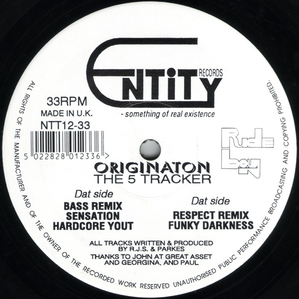 The 5 Tracker by Originaton* - 12", EP, M/Print, UK. 1993. Electronic/Breakbeat, Hardcore Very Good (VG) Generic vinyl Nottingham.