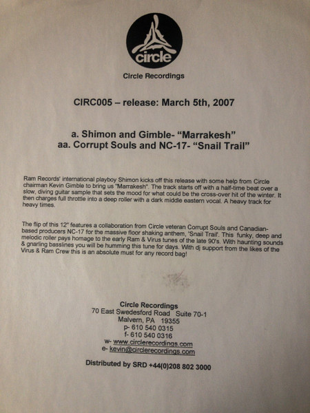 Marrakesh / Snail Trail by Shimon & Gimble / Corrupt Souls & NC-17 - 12", Promo, W/Lbl, UK. 2007. Electronic/Drum n Bass Very Good Plus (VG+) Generic vinyl Nottingham.