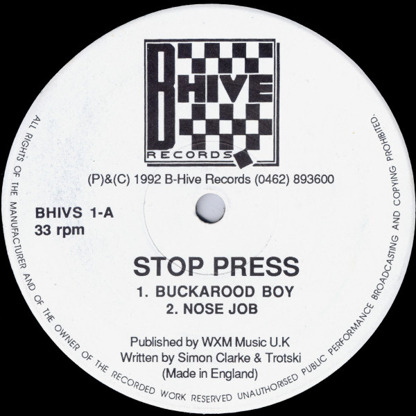 Buckarood Boy by Stop Press - 12", UK. 1992. Electronic/Breakbeat, Hardcore Very Good (VG) Generic vinyl Nottingham.