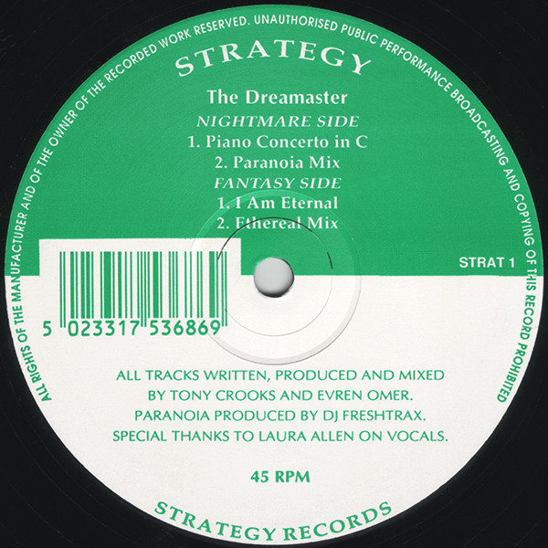 The Dreamaster by Strategy - 12", Bar, UK. 1992. Electronic/Breakbeat, Hardcore Very Good Plus (VG+) Generic vinyl Nottingham.