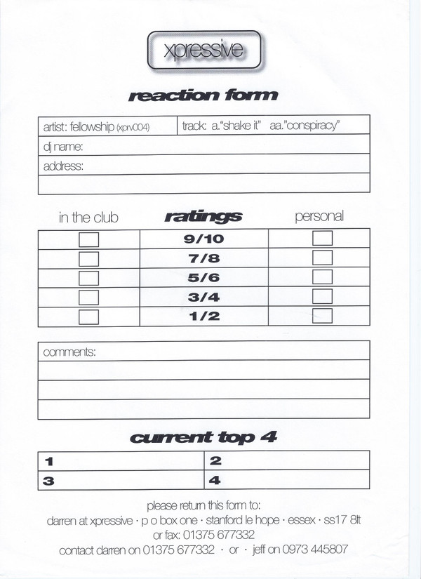 Shake It / Conspiracy by Fellowship - 12", Promo, UK. 1996. Electronic/Drum n Bass Very Good Plus (VG+) Generic - vinyl For Sale in Nottingham. - 4