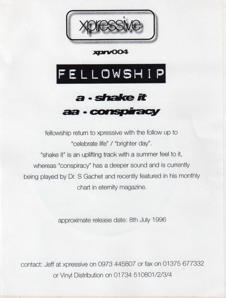 Shake It / Conspiracy by Fellowship - 12", Promo, UK. 1996. Electronic/Drum n Bass Very Good Plus (VG+) Generic - vinyl For Sale in Nottingham. - 3