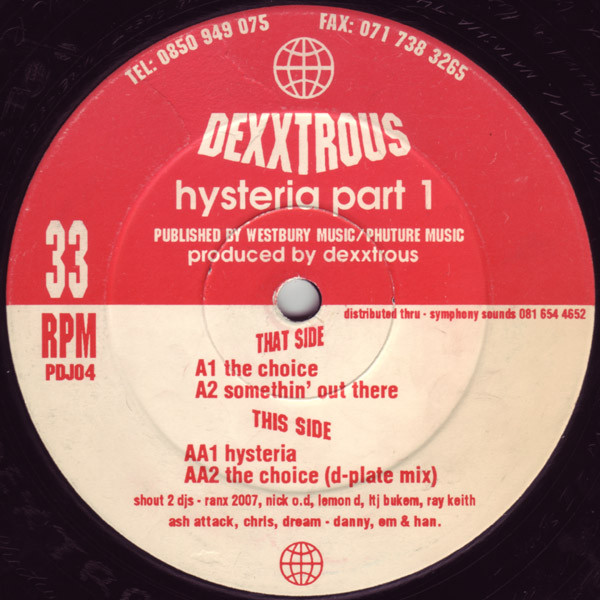 Hysteria Part 1 by Dexxtrous - 12", UK. 1993. Electronic/Breakbeat, Hardcore, Jungle Very Good (VG) Generic vinyl Nottingham.