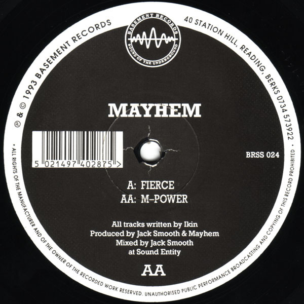 Fierce / M-Power by Mayhem* - 12", UK. 1993. Electronic/Breakbeat, Hardcore, Techno Good Plus (G+) Generic vinyl Nottingham.