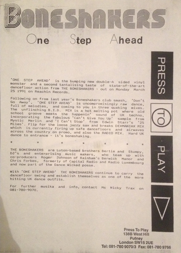 One Step Ahead by Boneshakers - 12", Promo, UK. 1991. Electronic/Breakbeat, Hardcore, Bleep Very Good Plus (VG+) Good Plus (G+) vinyl Nottingham.