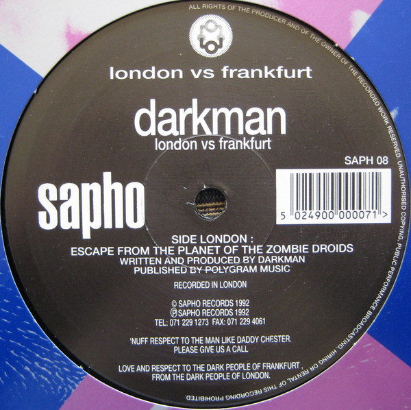 London Vs Frankfurt by Darkman (6) / Bi-Face - 12", UK. 1992. Electronic/Breakbeat, Acid Very Good Plus (VG+) Generic vinyl Nottingham.