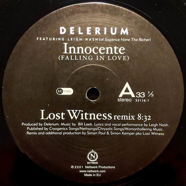 Innocente (Falling In Love) (Remixes By Lost Witness • Deep Dish) by Delerium Featuring Leigh Nash - 12", Single, UK. 2001. Electronic/Trance, Progressive House Near Mint (NM or M-) Very Good Plus (VG+) - vinyl For Sale in Nottingham. - 3