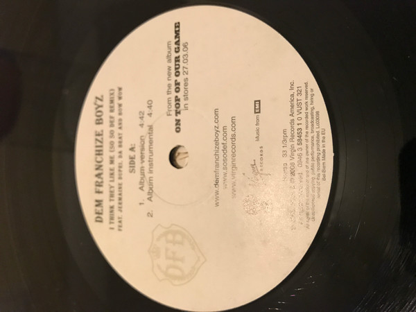 I Think They Like Me (So So Def Remix) by Dem Franchise Boyz* F/ Jermaine Dupri, Da Brat & Bow Wow - 12", UK. 2005. Electronic, Hip Hop/Crunk, Snap, Gangsta, Drum n Bass Good (G) Generic - vinyl For Sale in Nottingham. - 2