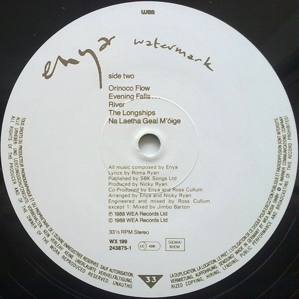 Watermark by Enya - LP, Album, Europe. 1988. Electronic, Pop, Folk, World, & Country/New Age, Celtic, Vocal Very Good (VG) Very Good Plus (VG+) - vinyl For Sale in Nottingham. - 4