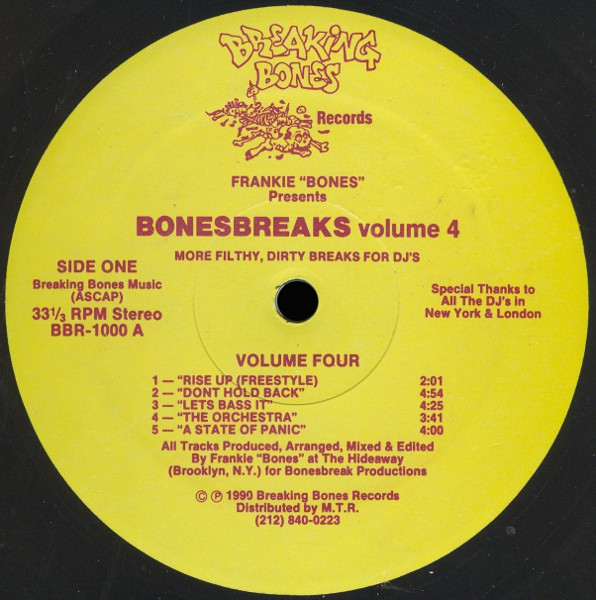 Volume 4 (More Filthy, Dirty Breaks For DJ's) by Frankie "Bones"* Presents Bonesbreaks - LP, US. 1990. Electronic/Breaks, House, Electro, Techno Very Good Plus (VG+) Generic vinyl Nottingham.