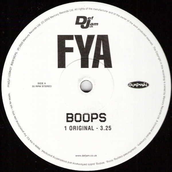 Boops by FYA - 12", Promo, UK. 2003. Reggae/Reggae-Pop Very Good Plus (VG+) Near Mint (NM or M-) vinyl Nottingham.