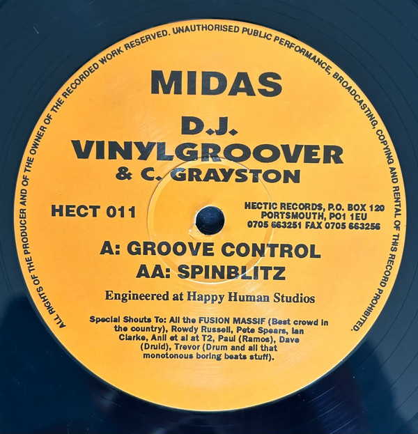 Groove Control / Spinblitz by Midas - 12", UK. 1995. Electronic/Breakbeat, Happy Hardcore Very Good Plus (VG+) Generic vinyl Nottingham.