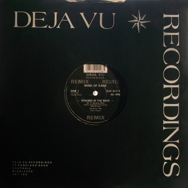 Stabbed In The Back (Remix) by Mind Of Kane - 12", UK. 1991. Electronic/Breakbeat, Techno Near Mint (NM or M-) Near Mint (NM or M-) vinyl Nottingham.