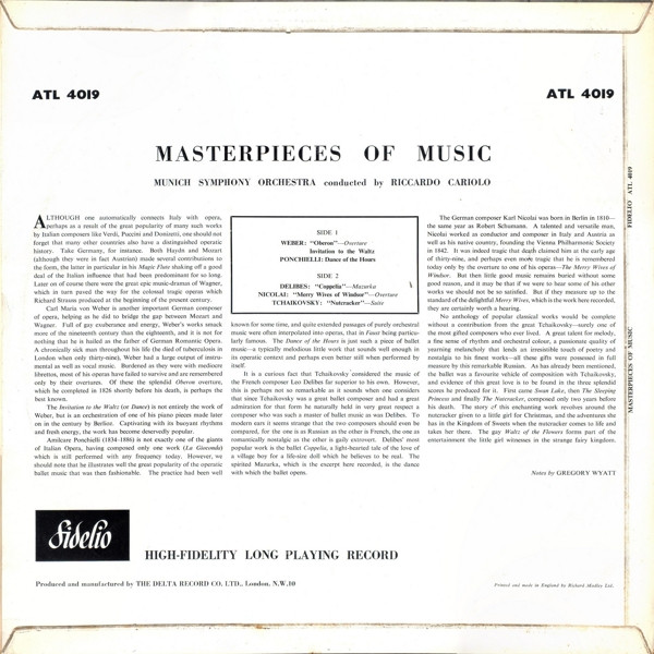 Masterpieces Of Music by Munich Symphony Orchestra* Conducted By Riccardo Cariolo - LP, Album, UK. 1962. Classical/Romantic Near Mint (NM or M-) Very Good (VG) - vinyl For Sale in Nottingham. - 2
