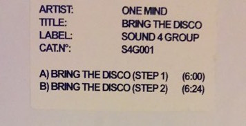 Bring The Disco by One Mind - 12", W/Lbl, Italy. 2007. Electronic/House, Electro Mint (M) Generic vinyl Nottingham.