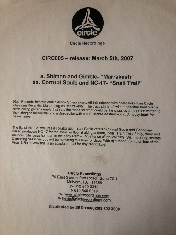 Marrakesh / Snail Trail by Shimon & Gimble / Corrupt Souls & NC-17 - 12", Promo, W/Lbl, UK. 2007. Electronic/Drum n Bass Very Good Plus (VG+) Generic vinyl Nottingham.