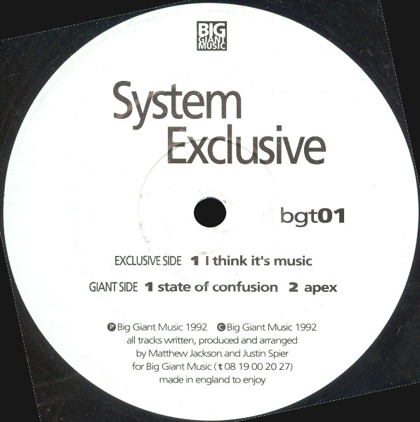 I Think It's Music by System Exclusive - 12", UK. 1992. Electronic/Breakbeat, Hardcore, Techno Very Good (VG) Generic vinyl Nottingham.