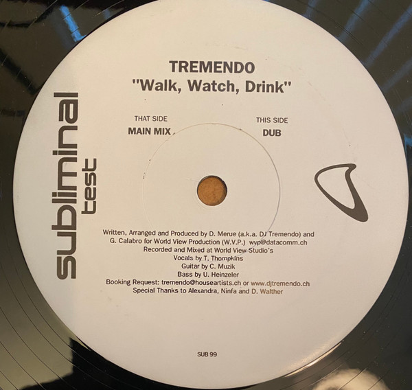 Walk, Watch, Drink by Tremendo - 12", TP, UK. 2003. Electronic/House Near Mint (NM or M-) Very Good Plus (VG+) vinyl Nottingham.