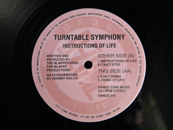 Instructions Of Life by Turntable Symphony - 12", EP, UK. 1991. Electronic/Breakbeat, House, Hardcore Very Good Plus (VG+) Near Mint (NM or M-) - vinyl For Sale in Nottingham. - 2