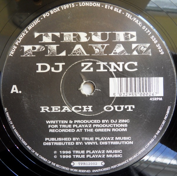 Reach Out / Pranksters by DJ Zinc - 12", UK. 1996. Electronic/Drum n Bass, Jungle Very Good Plus (VG+) Generic vinyl Nottingham.