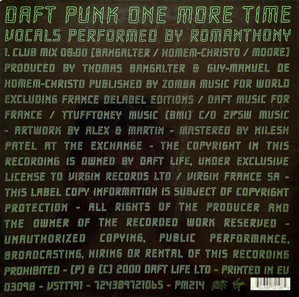 One More Time by Daft Punk - 12", S/Sided, Single, UK & Europe. 2000. Electronic/House Near Mint (NM or M-) Near Mint (NM or M-) - vinyl For Sale in Nottingham. - 2