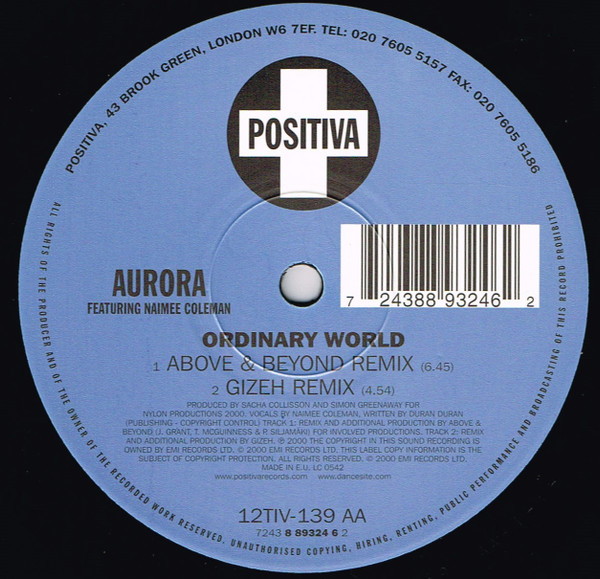 Ordinary World by Aurora Featuring Naimee Coleman - 12", Single, UK. 2000. Electronic/Trance Very Good Plus (VG+) Very Good (VG) - vinyl For Sale in Nottingham. - 4